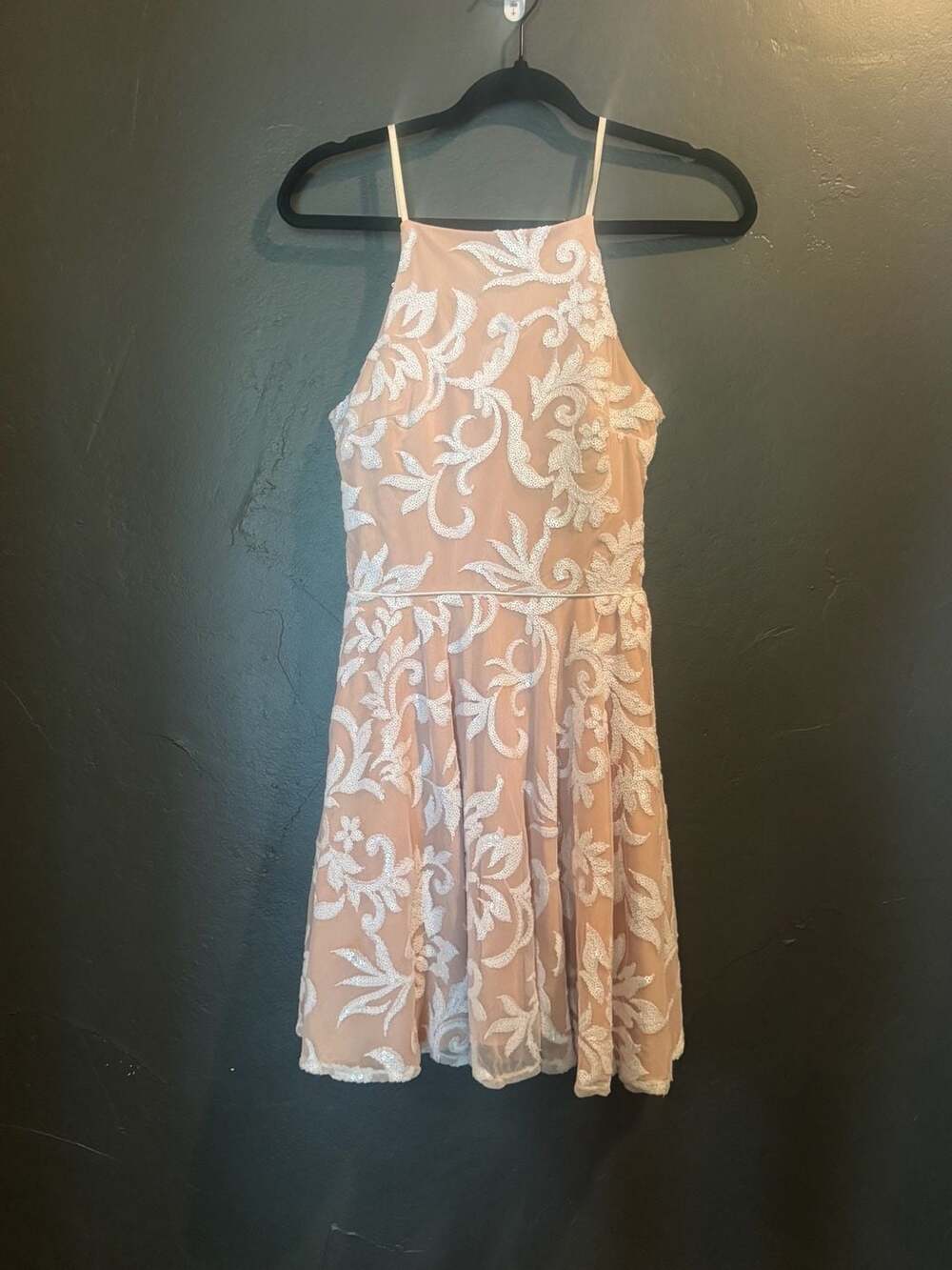Jodi Kristopher Size 5 Nude and White Sequin Embroidered Halter Dress